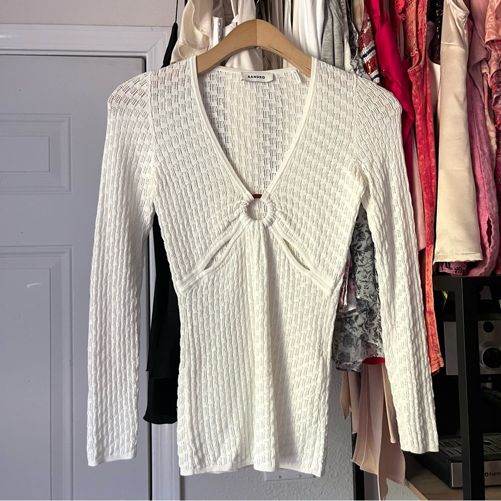 SANDRO white o-ring cut out open crochet knit long sleeve top - Picture 1 of 6